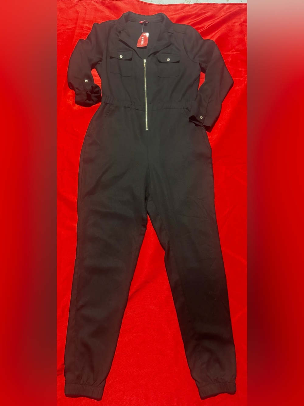 Guess Black Zip-Front Long-Sleeve Jumpsuit